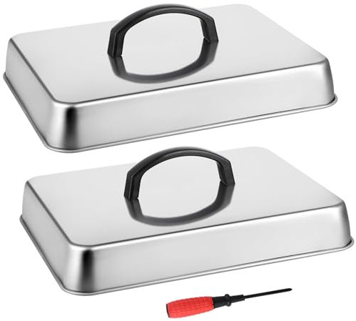 Skelang 2 fundas para parrilla, tapa de acero inoxidable de 12.4 pulgadas, cúpula rectangular con asa, destornillador para cocinar en interiores y exteriores, parrilla de parte superior plana,