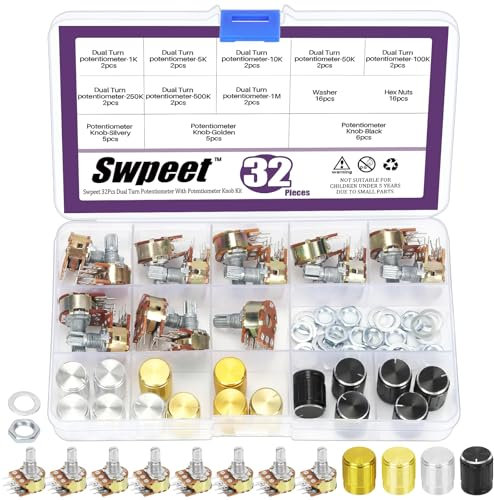 Swpeet 32Pcs 8-Typ B1K 5K 10K 50K 100K 250K 500K 1M Ohm 6 Pins geteilte Welle Drehlinear Dual Kegel Audio B Typ Potentiometer mit 3-Arten Aluminiumlegierungsknopf (WH148) und Unterlegscheiben