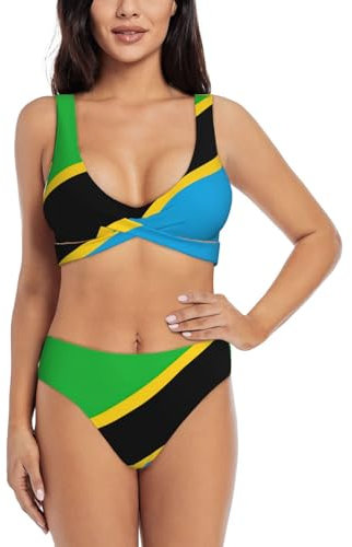 Maillot de bain deux pièces taille haute imprimé drapeau tanzanien, bikini pour femme, bikini triangle à coupe haute, Noir , XXL