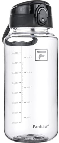 Fanhaw 1L Clear Tritan Water Bottle with Chug Lid, BPA-free, Wide Mouth, Leak Proof - for Gym, Travel, Home, School, Office (Clear&Black)