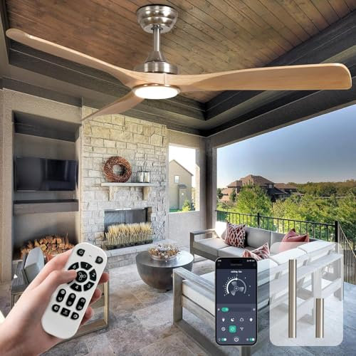Depuley Leise Deckenventilator mit Beleuchtung für Außen: LED Lampe mit Ventilator für Garten Terrasse - 132CM Groß Deckenventilator mit Licht und APP für Wohnzimmer Restaurant Büro, khaki