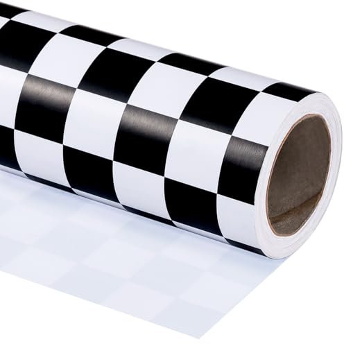 WRAPAHOLIC Geschenkpapierrolle mit karierter Flagge, 43,2 cm x 5,2 m, Rennwagen-Geschenkpapier für Kindergeburtstag, Mädchen, Jungen, Geburtstag, Babyparty