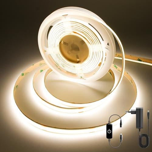 FUIQI Ruban LED COB 3m,blanc neutre 4000K,avec Alimentation 24V et Toucher Variateur,bande led Découpable,320 LED/M, CRI>90,8mm de Large,Idéal pour Chambre,Cuisine, Armoires