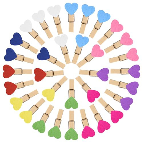 Vicloon Mollette in Legno, 90 Pezzi 3.5cm Mini Mollette Decorative in Legno, Mollette per Bucato Riutilizzabile, per Decorazione Domestica e Artigianale, Visualizzazione di Foto, Cuore - Colore