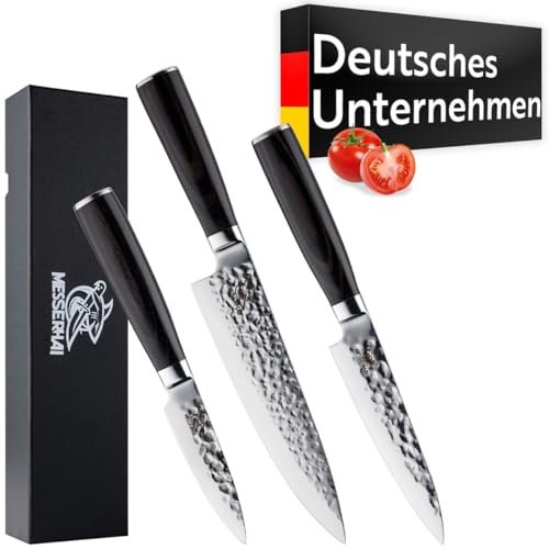 Messerhai Messerset Tanoshi, 3-teiliges Premium-Küchenmesser-Set mit gehämmerten Klingen – Chefmesser, Allzweckmesser, Schälmesser, mit ergonomischen Pakka-Holzgriffen, in Geschenkbox