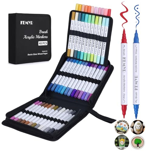 KEMYR 48 Colors Acrylic Paint Markers,Brush & Fine Tip Acrylic Paint Pens | Waterproof High Coverage Quick Dry for Rock Wood Canvas Glass Ceramic,Adults Art Supplies with Storage Bag