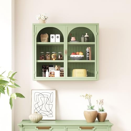 Merax Hängevitrine Glasvitrine Wandschrank Hängeregal Schaukasten, 2 Glastüren, Webmuster, für Esszimmer Küche Wohnzimmer Büro Badezimmer Eingangsbereich, Grün/70x23x60 cm