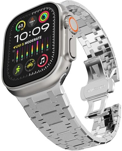 TWRQA Correa de acero inoxidable para Apple Watch Ultra 2 Band 49 mm 45 mm 44 mm 42 mm, correa de metal con cierre plegable para Apple Watch Series 9 8 7 6 5 4 3 2 1 Ultra/Ultra 2 Men(Frosted Silver)
