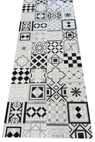 Alfombra Vinílica Vedra Cocina Terraza y Jardín Baldosa PVC 65x150 cm Gris | No se decolora con el sol ni se estropea con la lluvia | Antideslizante | Basta aspirarla para mantenerla