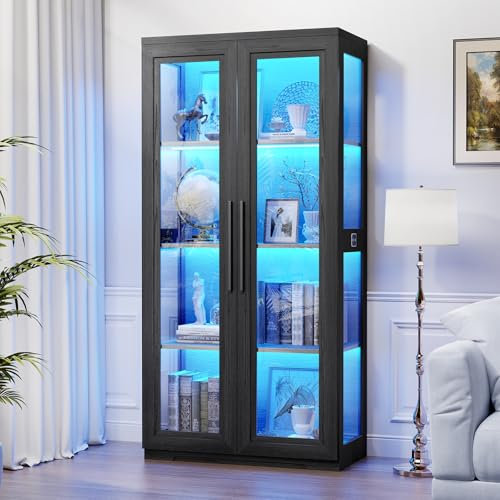 BROTTAR Storage Cabinet with Glass Doors, Bookcase Bookshelf with 3 Color LED Lights, Display Cabinets with Human Body Sensing, 4 Kitchen Cabinets for Living Room Kitchen Home Office, Black