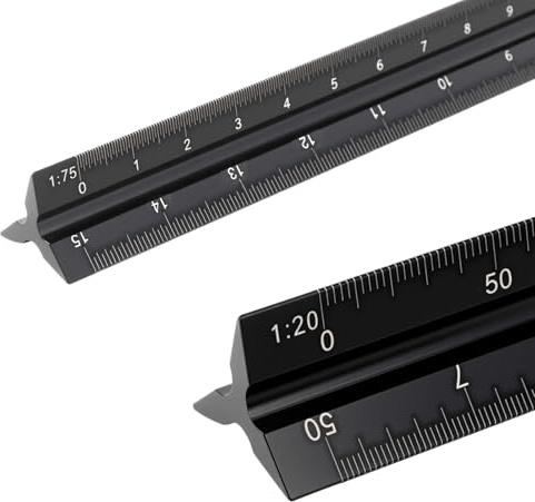 Jecdfs Architektonisches Lineal, Aluminium, dreieckig, metrische Skalen 1:20, 1:25, 1:50, 1:75, 1:100, 1:125, Standard, für Architekten, Studenten, Zeichner und Ingenieure, Schwarz