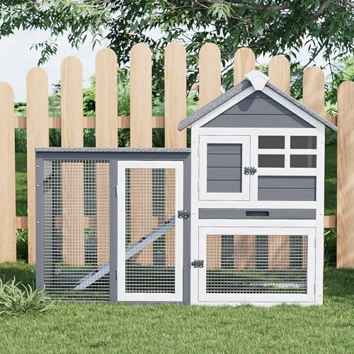2-Story Rabbit Hutch, Small Wooden Chicken Coop, with Waterproof Roof, Pull Out Tray and Anti-Slip Ramp, Bunny Cage for Indoor Outdoor (45.28 L x 20.08 W x 36.61 H)