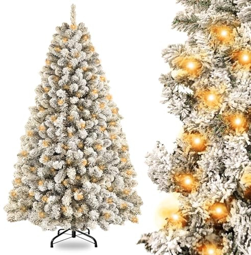 Sapin de Noël Artificiel 180 cm avec Lumineux LED, Effet Neige, Sapin de Noël LED avec Support en Métal 300 Lumières, Sapin Artificiel en PVC pour Décoration Noël