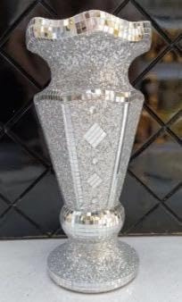 Silver Crushed Diamond Sparkle Flower Vase, Handmade Bling Crystal Glitter Pot, Mirrored Mosaic Italian Style Home Décor Ornament for Living Room, Dining Table, Bedroom Centerpiece – 30cm