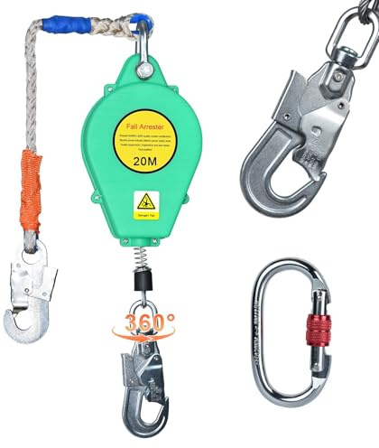 VFDZ Höhensicherungsgerät mit 360° Drehbarem Haken, 150kg (Grün,20m) | Absturzsicherung Dachdecker Einziehbar, Auffanggerät Fallschutz Absturzsicherung mit CE-Zertifizierung und Karabiner