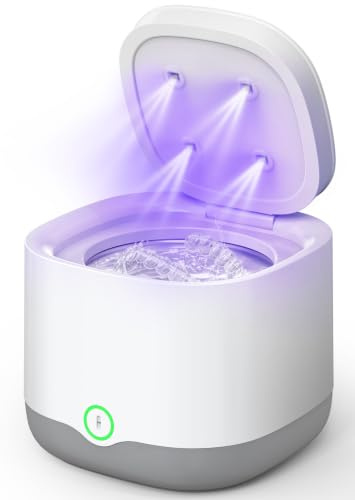 Dnenellr Limpiador Ultrasonidos Dental para Férulas y Retenedores (Blanco) | Depósito de 200ML, Limpieza por Ultrasonidos de 45kHz con 24W, Batería 4000mAh y 4 Lámparas UV para Dentaduras y Joyas