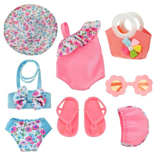 Costume da Bagno per Bambole, Set di Nuoto per Bambole, Vestiti Bambola Estate con Costumi da Bagno, Occhiali da Sole,Cappello, Pantofole, Vestite Bambole Reborn per Bambole 35-45 cm