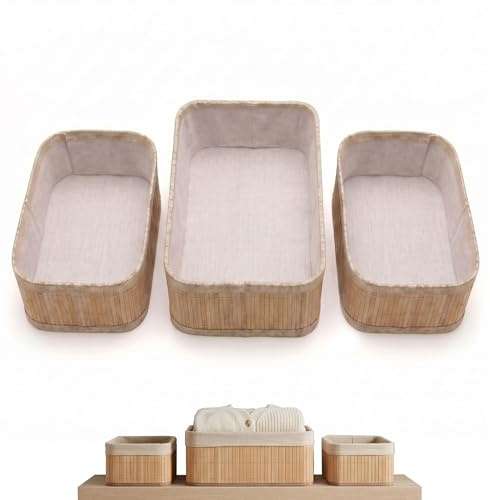 Aufbewahrungskorb, 3 Stück Korb Geflochten(1x 32x22x12cm und 2x 21x15x10cm) | Korb Aufbewahrung Bambus Aufbewahrungskörbe mit Stoffeinsatz für Bad Make-Up Tischplatten Schrank