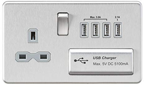Knightsbridge SFR7USB4BCG Screwless Switched Socket with 5.1 A Quad USB Charger, Brushed Chrome with Grey Insert, 13 A