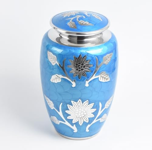 Cremation Urn for Adult Human Ashes – Elegant Aluminium Metal Funeral Vessel – Memorial Container Holds Body Ashes up to 90kg or 14 Stone (Blue And Silver)