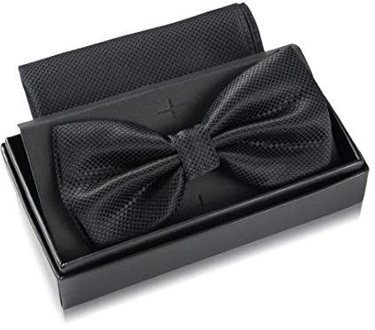 Massi Morino Fliege Schwarz mit Einstecktuch für Herren Set - Anzug Herrenfliege zur Hochzeit - Verstellbare Schleife in Black