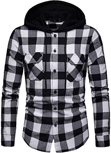 Iris Sprite Sweat à Capuche Homme Chemise Carreaux avec Poche Poitrine Épissage Manches Longues (Noir et Blanc - A115, S)