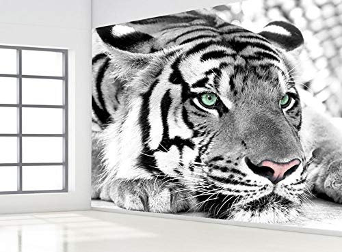 Papier Peint Intissé Tigre animal noir et blanc 250x175 cm Décoration Murale Effet Trompe l’Oeil Pose Facile et Qualité HD Décoration d'Halloween