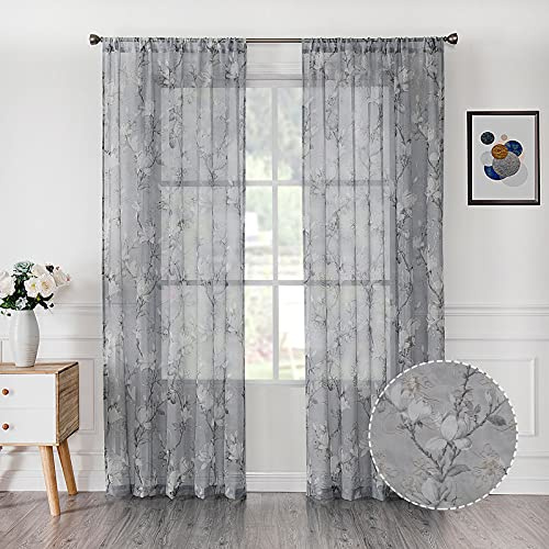 Tollpiz 2 Vorhänge aus Voile, Blumendruck, Grau, mit Blumenmotiv