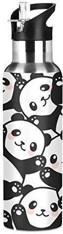 Bouteille d'eau en acier inoxydable avec paille, animaux de dessin animé mignon dinosaure gourde isotherme bouteille d'eau pour enfants adultes 600 ml, Panda 025., 600 ml