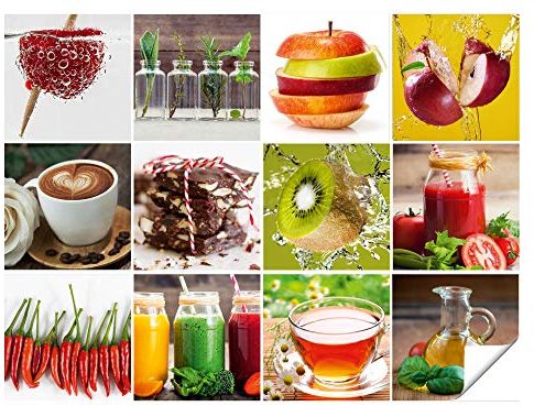 GRAZDesign Fliesenaufkleber Küche bunt Obst, Kaffee und Gemüse, wasserfest für Küchenfliesen, Klebefliesen Fliesenbilder selbstklebend & glänzen - Bunte Küche
