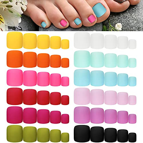 Maitys 336 Pieces 12 Sets Toenail Press on Fake Toe Nails Short Square False Glue on Solid Color Full Cover Press Nails Matte Fake Toenails for Women(Fresh Colors)