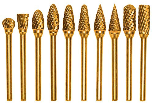 Mesee 10 Stück Schaft Raspel Set, Hartmetall Frässtifte Set, Wolframcarbid fräser Dateien 3mm Schaft Bit, Wolframstahl Fräser für Holz Gravieren, Schnitzen, Bohren, Skulptur passend - Golden