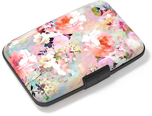 Atufsuat Kreditkartenetui, Mini-Aluminium-Kartenetui, RFID-Blockierung, schlankes Metall-Hartschalenetui für Damen und Herren, Rosa Blumen, Kompakt