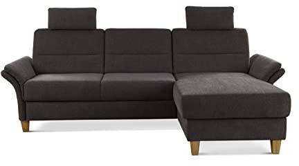 CAVADORE Ecksofa Wyk mit Federkern / Eckcouch im Landhaus-Stil mit Longchair, 2 Kopfstützen + Holzfüßen / 252 x 90 x 162 / Chenille, Braun