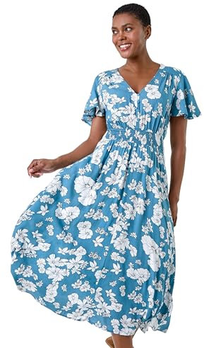 Roman Shirred Empire Waist Dress for Women UK Ladies Midi Maxi Summer Spring Tiered Frill Hem Short Sleeve V Neck Button Through Boho Bohemian Holiday Cruise Blue White