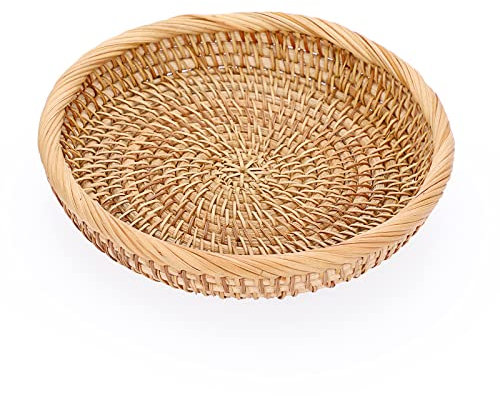 Hipiwe Small Wicker Basket Bowl for Entryway - 7.6 Round Woven Wicker Snack & Fruit Serving Tray - Organizer for Keys, Wallet, Cell Phone