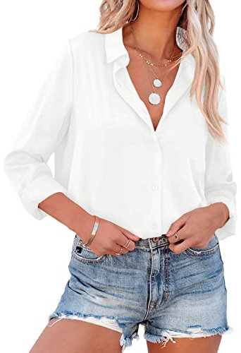 NONSAR Bluse Damen Elegant Lange Ärmel Hemdbluse mit Stehkragen Büroblusen Lässige Oberteile(9352XL,Weiß)