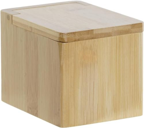 Salero para Cocina Bambú Con Tapadera Abatible/Salero Para Sal con Tapadera de Bambú/Cuenco para La Sal y Sal Gorda/Tarro Para La Sal Hecho de Bambú 10CM X 13CM X 10CM Natural