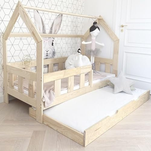 Milo Hausbett 80x160 Mit Rausfallschutz - Naturholz Kinderbett Mit Bettkasten - Gemütliches Bett für Kinderzimmer - Stabiles Mädchenbett