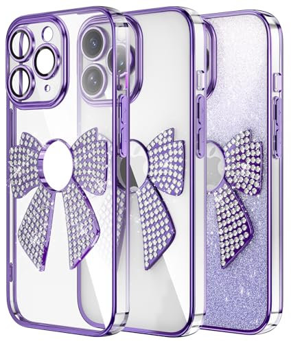 IMEIKONST Luxury Glitter Case Compatible with iPhone 11 Pro, Bling Shining Diamond Bow Design Camera Protector Shockproof Soft TPU for Girls Women Cover for iPhone 11 Pro. Purple KDH