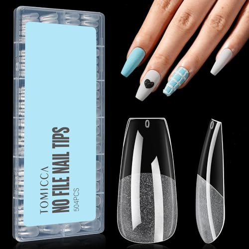 TOMICCA 504 Pièces Capsule Americaine Ongle Ballerine, 12 Tailles Faux Ongles, Cercueil Court Moyen Matte Transparent, Avec Valise De Rangement, Pose Americaine Capsule pour Diy Nail Art