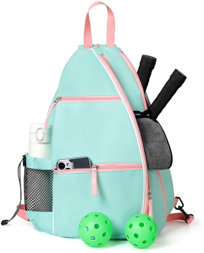 ALOOF Pickleball-Tasche für Damen, verstellbare Tennis, Racketball-Schlingtasche, Pickleball-Rucksack mit Wasserflaschenhalter für Damen, Grün und Rosa