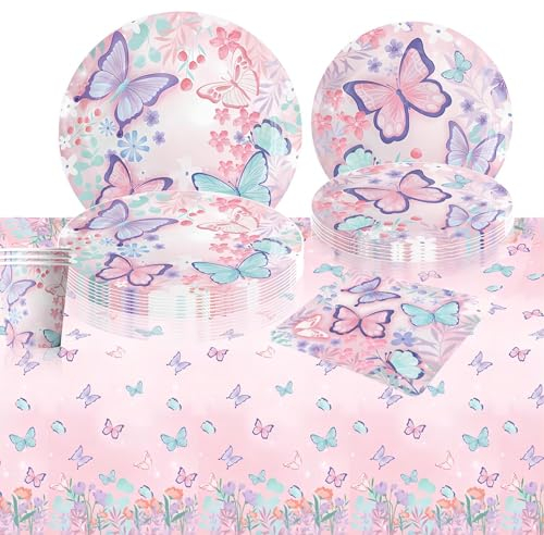 85 Pièces Papillon Anniversaire Ensemble De Vaisselle, Anniversaire Decoration Fille Papillon pour 16 Personnes Enfants Fête Assiettes en Carton Serviette Gobelets Pailles Nappe