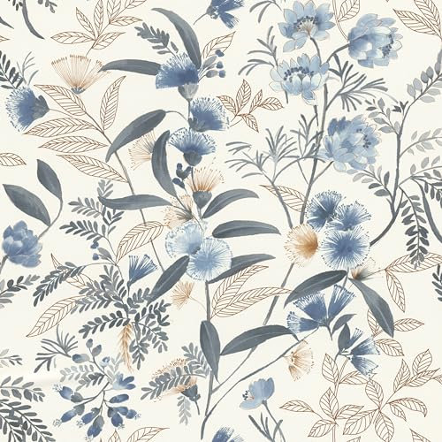 Rasch Tapeten 869125 Non-Woven Wallpaper with Flowers and Leaves in Blue, Golden Yellow, Brown and White from The Symphony Collection - 10.05 m x 0.53 m (L x W)