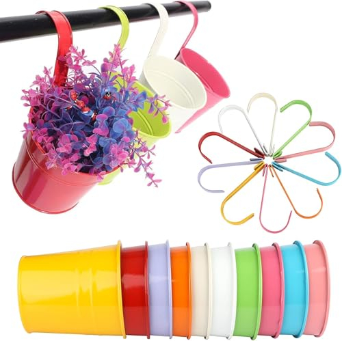 KINGLAKE 10 Stück 16CM Blumentöpfe zum Aufhängen Hängend,Bunt Blumentopf Metall, Hängetopf mit Abnehmbarem Haken und Loch, für Balkon, Zäune, Fenster, Geländer-16X 11X 15cm