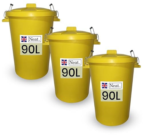 Neat. Large Plastic Bins - 90L, Heavy Duty Kitchen Bin with Metal Handle, Dustbin with Lid, Yellow - 3Pack