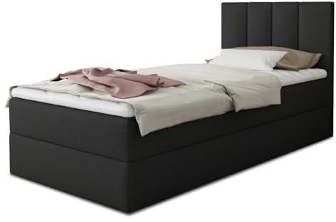 Sofnet Boxspringbett Star Mini mit Bettkasten, Bonell-Matratze und Topper - Einzelbett mit Matratzentopper, Polsterbett, Bett, Schlafzimmer, Jugendzimmer (Schwarz (Inari 100), 80 x 200 cm)