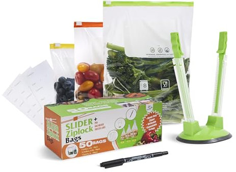 2Cee Essentials Slider Ziplock Bag (50-Pcs), Reusable Freezer Bags Set – Large, Medium, Small Plastic Bags (4.5L, 2.25L & 1L), 50 sticker Labels, bag holder, & Pen – BPA-Free, Food Storage Bag
