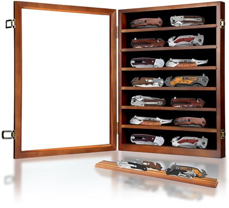 YRCKUDZKG Pocket Knife Display Lockable Wooden with HD Tempered Glass knife Cabinet, Stand Military Folding Knife Shadow Box Wall 7 Rows Knife Case with Removable Shelves, Walnut
