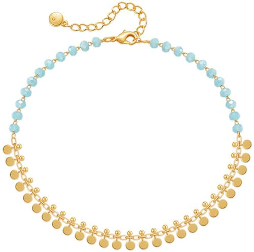 Handgemachte Quasten Fußkette,Boho Fußkettchen,Perlen Fussketten für Frauen,Hellblauer Kristall Fußkettchen für Damen,Mädchen,Fusskettchen Gold 585 Echtgold,Strand Accessoires,Designer Fußkettchen